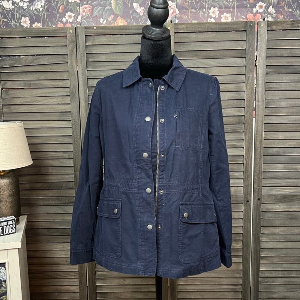 Talbots Navy Cotton Utility Field Jacket Zip Snap Pockets Drawstring XS